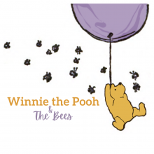 Winnie the Pooh, a yellow bear, is holding the string of a purple balloon and floating. He is surrounded by bees. 