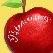 Shiny red apple underneath the title Blancanieves