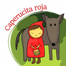 Child in red cape holding a basket with grey wolf and trees behind her 