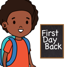 African American child with an orange shirt is smiling and wearing a blue backpack 