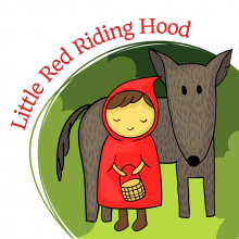 Child in red cape holding a basket with grey wolf and trees behind her 