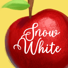 Shiny red apple underneath the title Snow White 