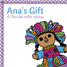 A Mexican-style rag doll (also known as a Maria doll) wearing a colorful dress and hair ribbons fills the frame. 