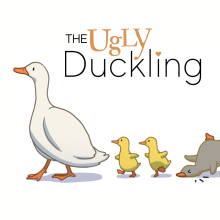 A white mother duck walks to the left followed by two yellow ducklings and a grey cygnet that is tumbling down
