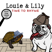 A painted turtle wearing a blue hat stands next to a white bulldog wearing a brown detective hat.