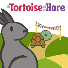 A hare looks on as a tortoise approaches a finish line. 