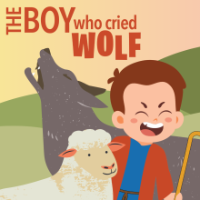 A boy shepherd stands next to a sheep and yells. Behind them, a wolf howls.