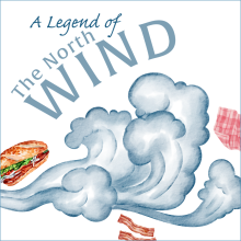 Blue clouds and food items being blown by wind 