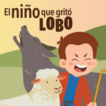 Boy in a red robe holding a cane is laughing and standing next to a sheep and a wolf