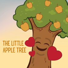Smiling tree with yellow apples surrounded by hearts