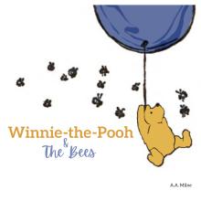 Winnie the Pooh, a yellow bear, is holding the string of a blue balloon and floating. He is surrounded by bees. 