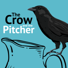 A crow perches on the handle of a large pitcher