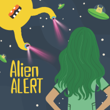 a girl with green hair looks at an alien 