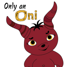 the torso and head a friendly looking monster with horns, red skin, yellow eyes, and black hair, with a quizzical smile on its face.
