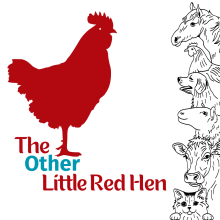 A silhouette of a chicken appears to look at a group of line-drawing barnyard animals