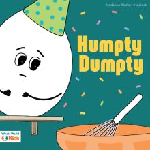 An anthropomorphic egg wearing a party hat looks nervously at a mixing bowl. 