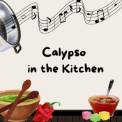 Kitchen counter with Caribbean food-- red pepper, mango chutney, a bowl of green okra, candies, spoons crossed like drumsticks. Music notes emanate from a pan at the top of the pan.