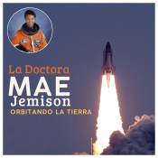 Rocket launching against a blue sky with a headshot of Mae Jemison, an African American woman wearing an orange astronaut suit, in the upper left corner