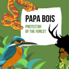 Papa Bois, a Black man with deer horns and a leafy beard, looks at a tropical bird and a boa constrictor